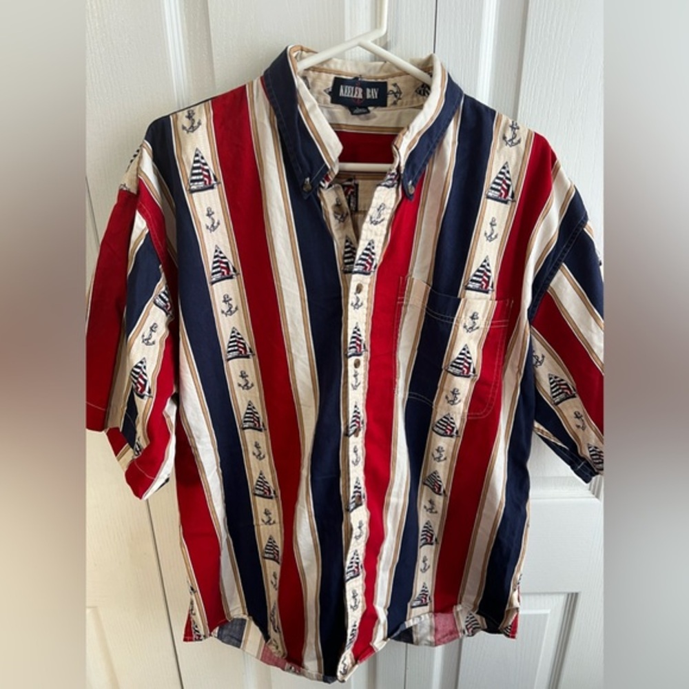 Keeler Bay Sailboat Multicolor‎ Stripe Short Sleeve Button Up Men's Sz Large VTG